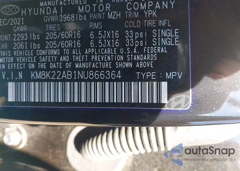 2022 Hyundai Kona Se from USA, damaged, VIN KM8K22AB1NU866364